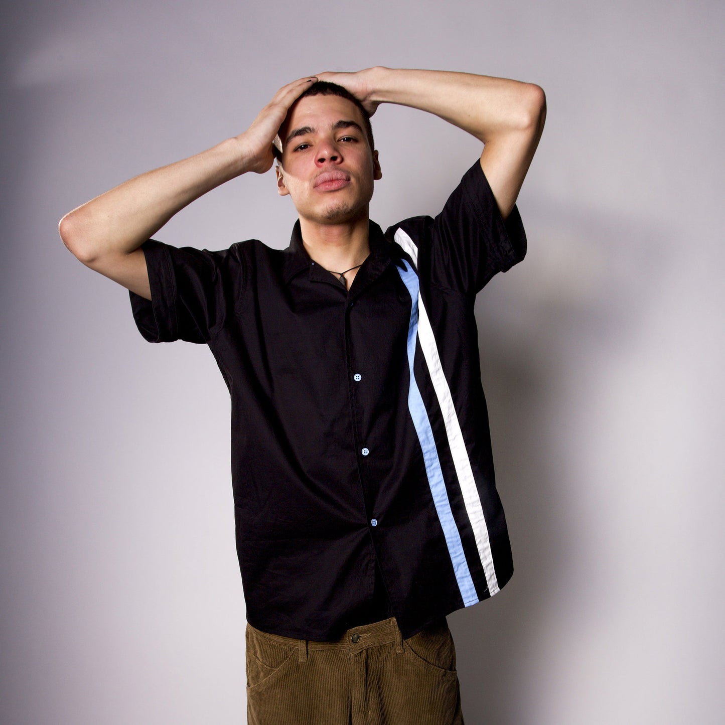 Cotton Striped Bowling Shirt Black